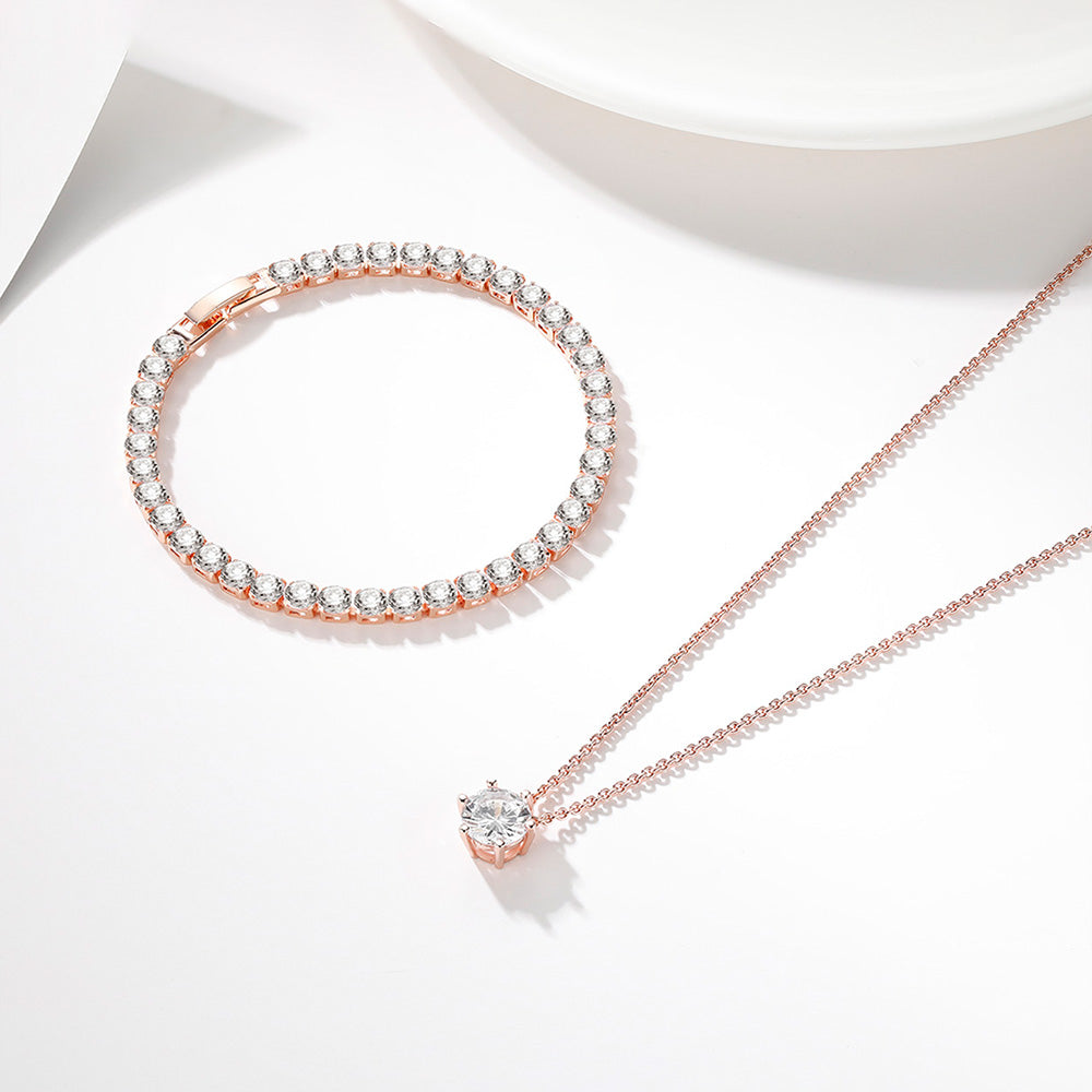 Rose Gold Iced Out Zircon Crystal Tennis Chain Jewelry Set 2 Piece