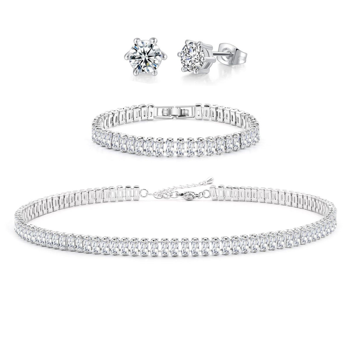 Collier de tennis, bracelet, boucles d'oreilles en argent/plaqué or 14 carats, colliers ras du cou étincelants, zircone cubique, bijoux de mariage pour femme