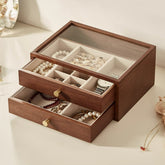 Classical Black Walnut Wooden 2-Layer Jewelry Box Drawer Organizer Box with Glass Lid