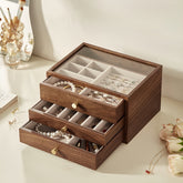 Classical Black Walnut Wooden 3-Layer Jewelry Box Drawer Organizer Box with Glass Lid