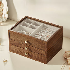 Classical Black Walnut Wooden 3-Layer Jewelry Box Drawer Organizer Box with Glass Lid