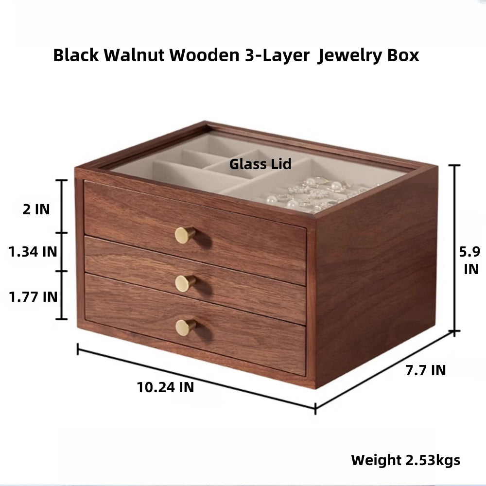 Classical Black Walnut Wooden 3-Layer Jewelry Box Drawer Organizer Box with Glass Lid