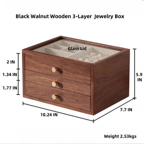 Classical Black Walnut Wooden 3-Layer Jewelry Box Drawer Organizer Box with Glass Lid