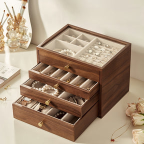 Classical Black Walnut Wooden 4-Layer Jewelry Box Drawer Organizer Box with Glass Lid