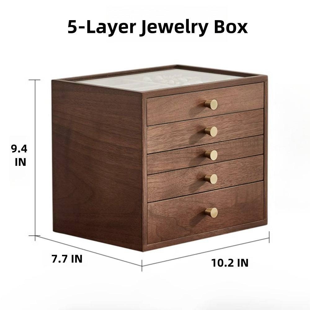 Classical Black Walnut Wooden 5-Layer Jewelry Box Large Drawer Organizer Box with Glass Lid