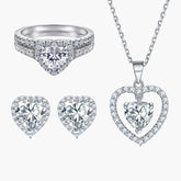 S925 Sterling Silver Love Necklace Row of Diamond Rings Heart-Shaped Earrings Jewelry Set Three-Piece Set