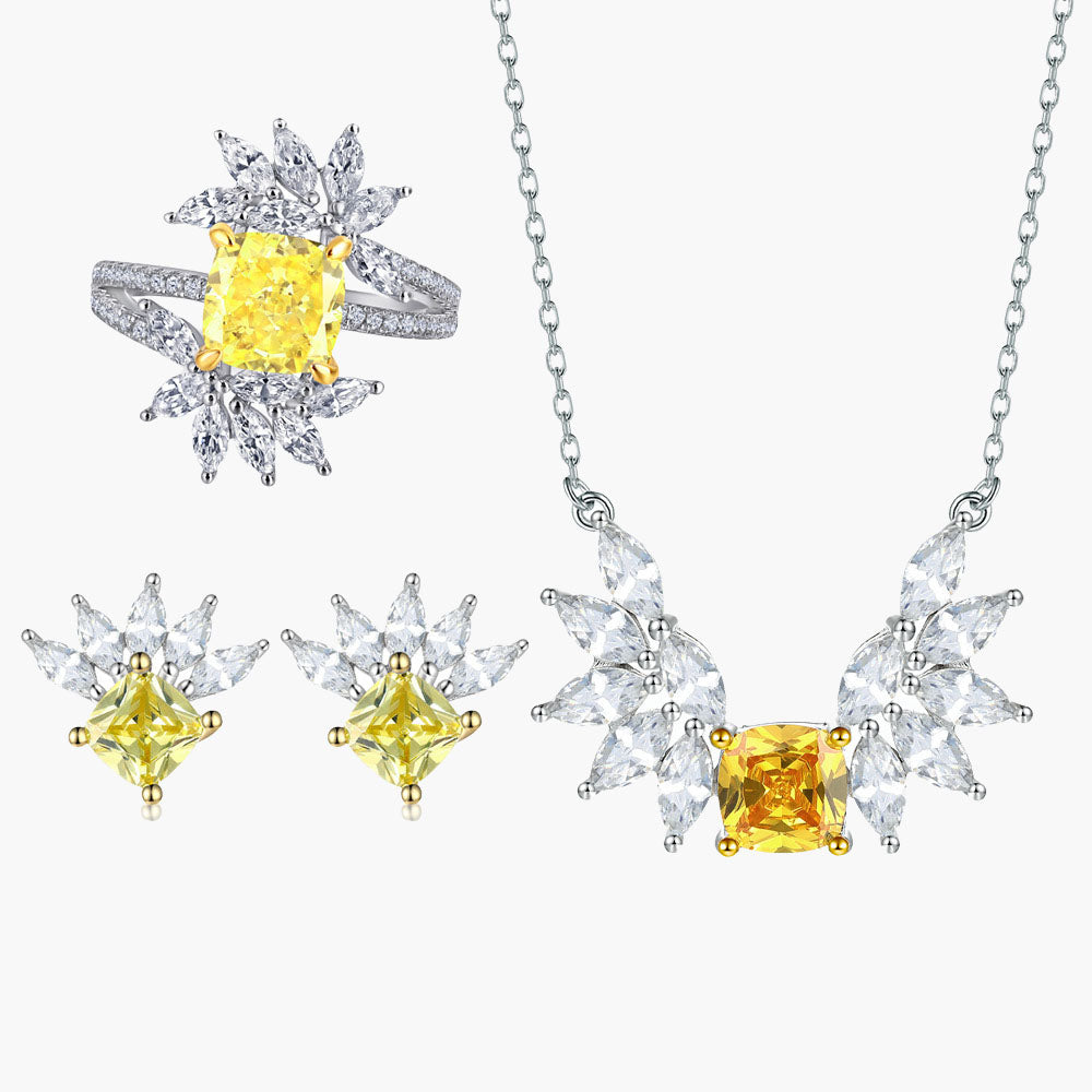 S925 Sterling Silver Necklace Citrine Ice Flower Cut Yellow Diamond Ring Earrings Jewelry Set 3-Piece Set