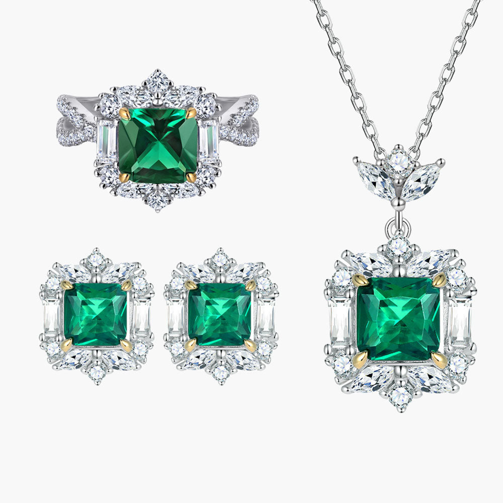 S925 Sterling Silver Luxury Emerald Necklace Ring Green Earrings Jewelry Set Three-Piece Set