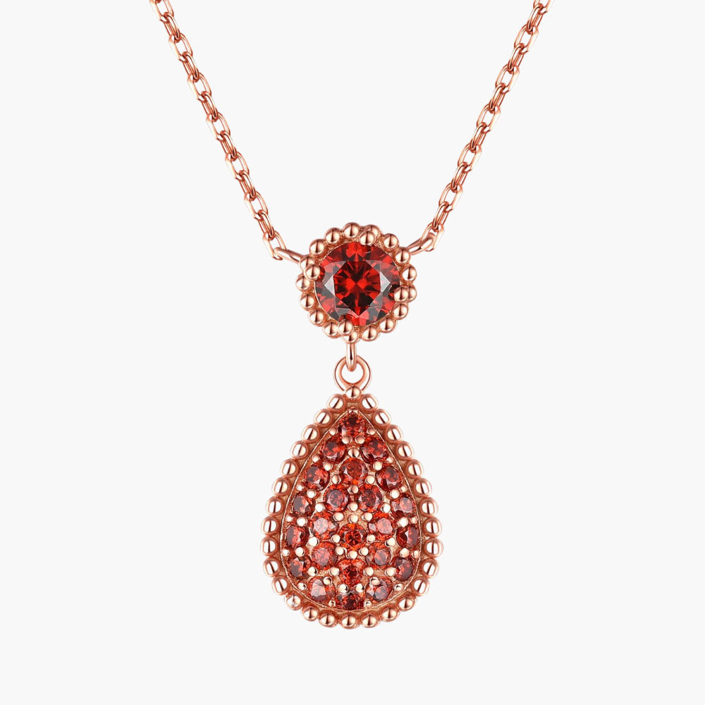 S925 Sterling Silver Pomegranate Red Rose Gold Water Drop Pendant Necklace