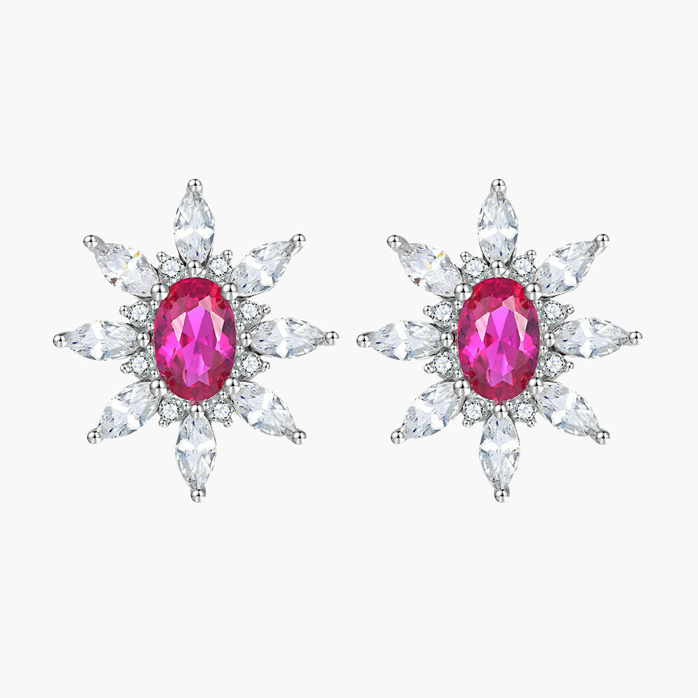 S925 Pure Silver Star Eight-Pointed Star Flower Ruby Sunflower Stud Earrings