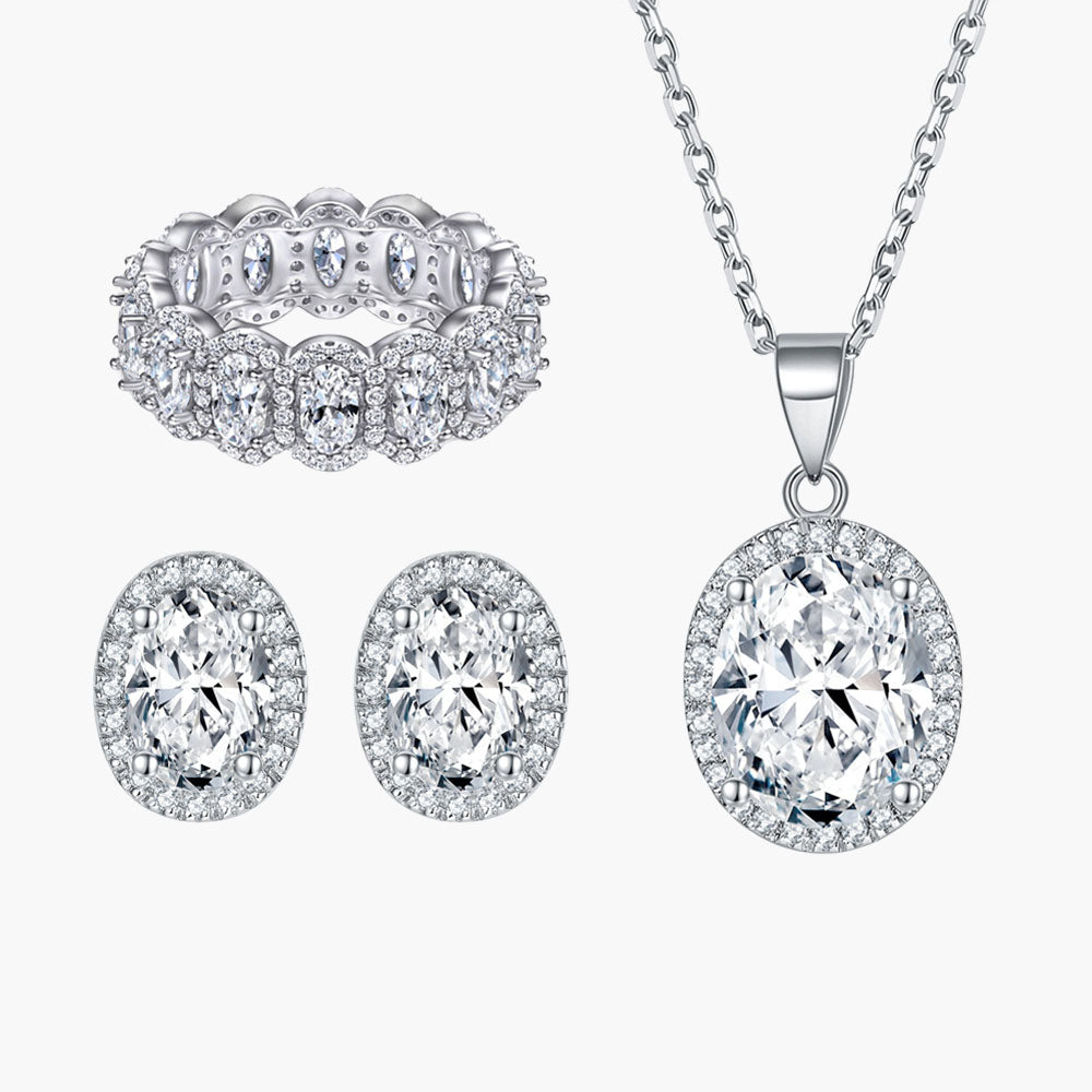 S925 Sterling Silver Full Diamond Ring Necklace Earrings High-End Jewelry Set Three-Piece Set