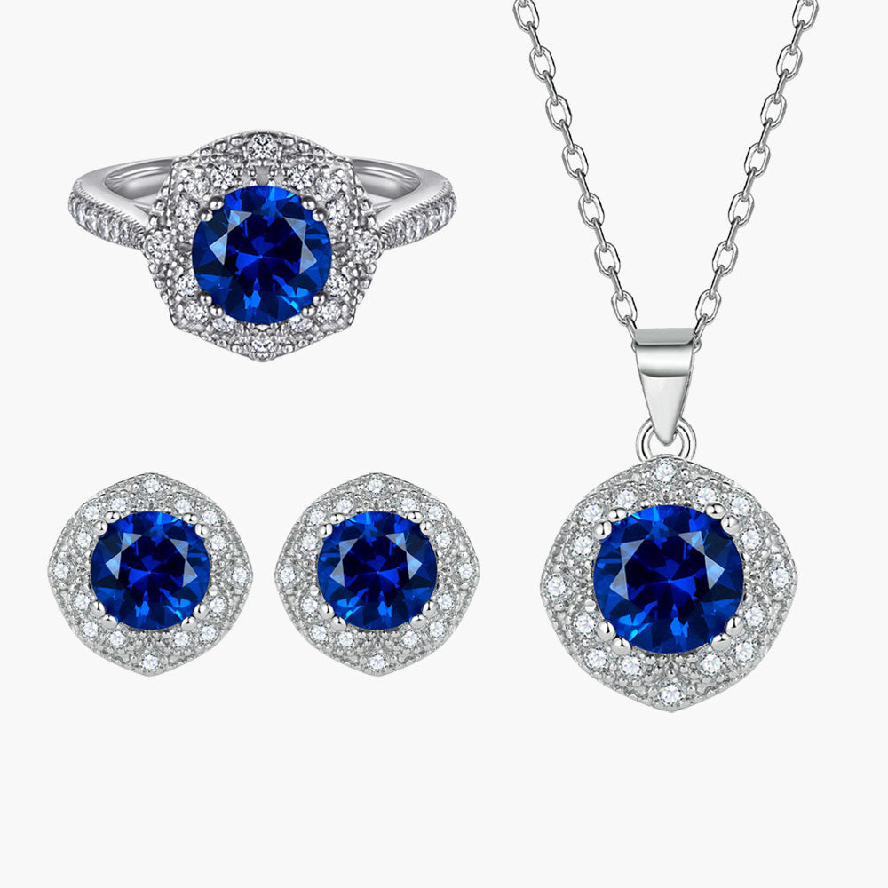 S925 Sterling Silver Light Luxury Sapphire Necklace Ring Earrings Jewelry Set 3-Piece Set