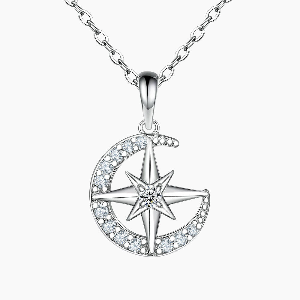 S925 Pure Silver Inlaid Diamond Star Moon Hexagram Pendant Necklace