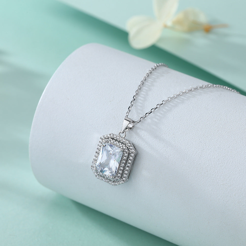 S925 Pure Silver Square Pendant Collarbone Necklace