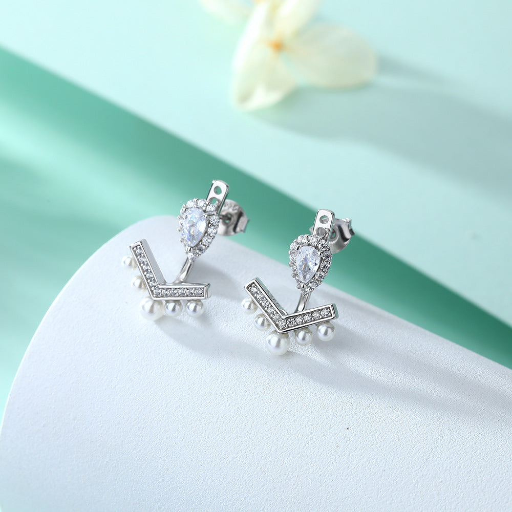 S925 Sterling Silver Gemstone Tassel Pearl V-shaped Stud Earrings