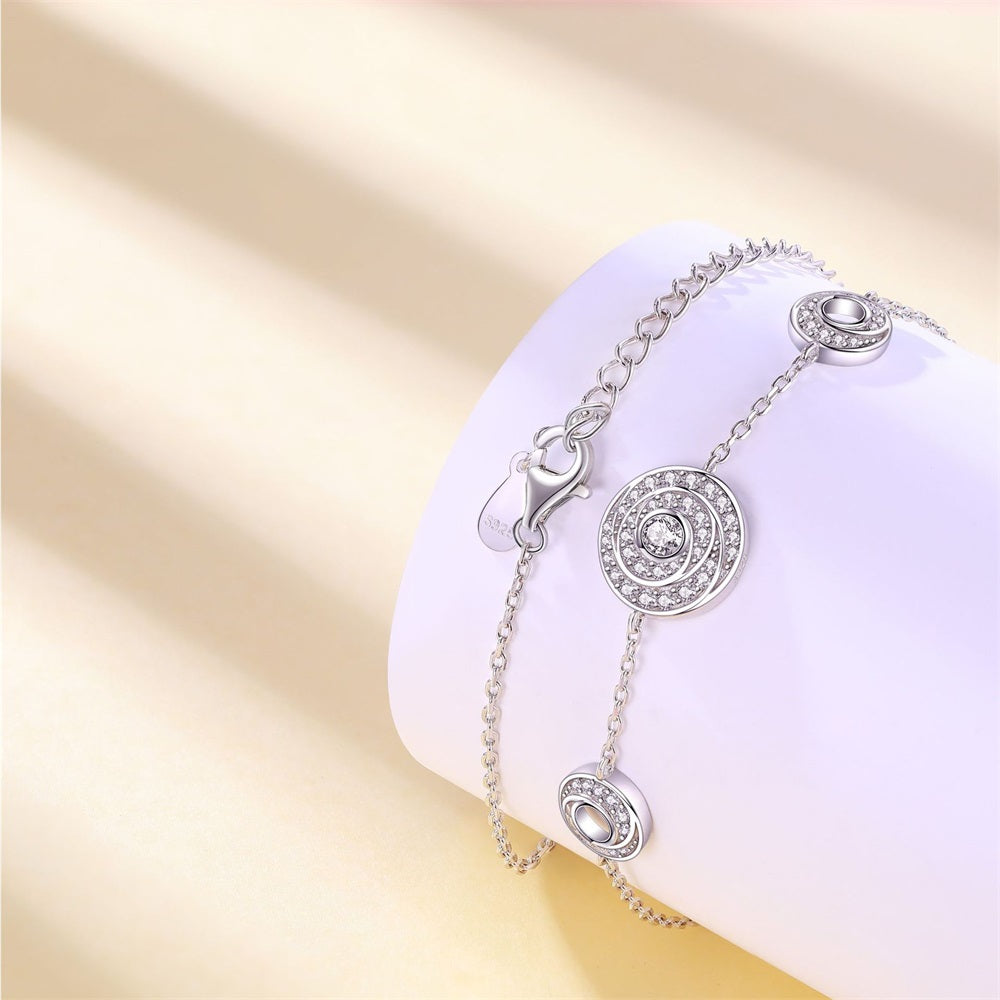 S925 Sterling Silver Time Diamond Disc Circle Chain Bracelet