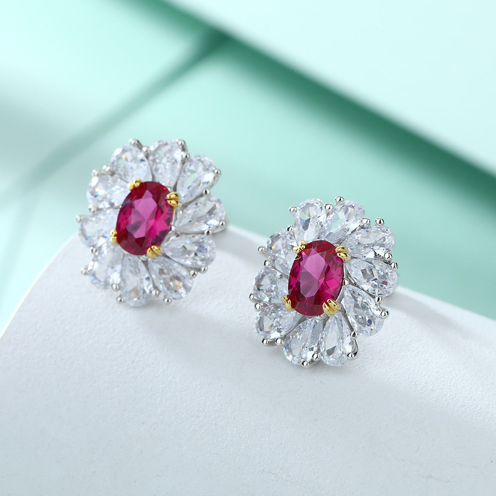 925 Sterling Silver Vintage Daisy Ruby Earrings Flower Stud Earrings