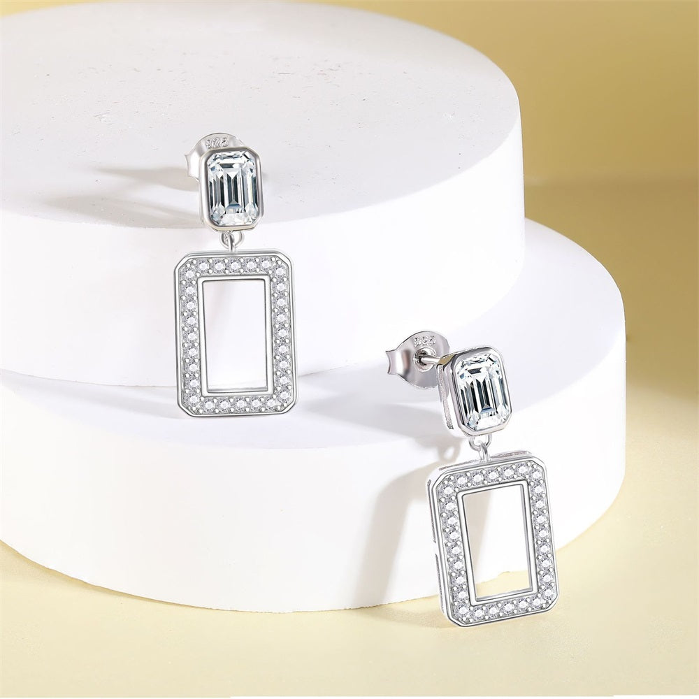 925 Pure Silver Simple Tassel Hollow Square Stud Earrings