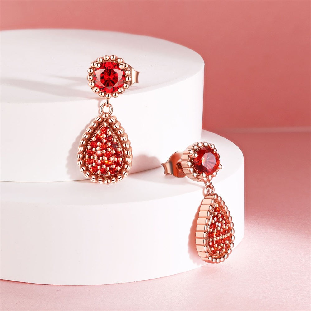 S925 Pure Silver Light Luxury Pomegranate Red Cubic Zirconia Water Drop Tassel Stud Earrings