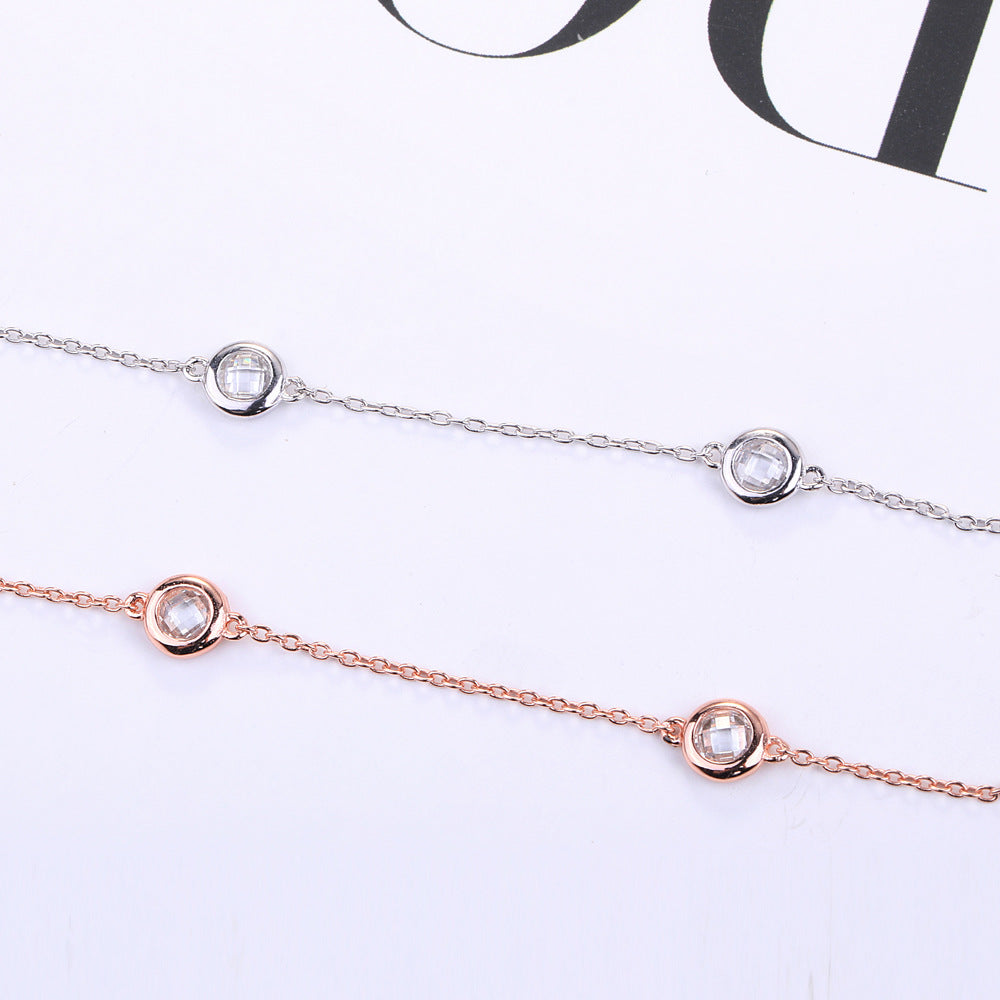 S925 Pure Silver Minimalist Short Collarbone Necklace Round Set Diamond Necklace