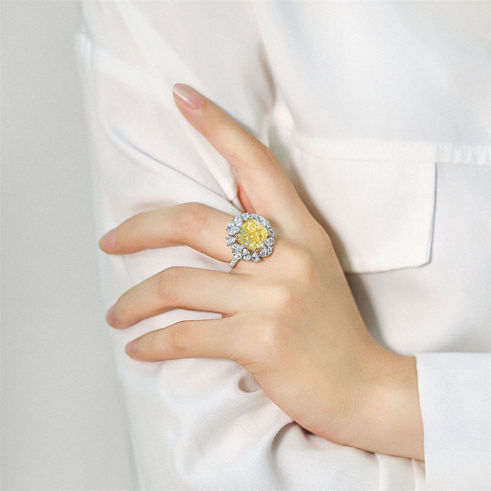 S925 Silver Yellow Ice Flower Cut Luxury Water Drop Design Exquisite Ring