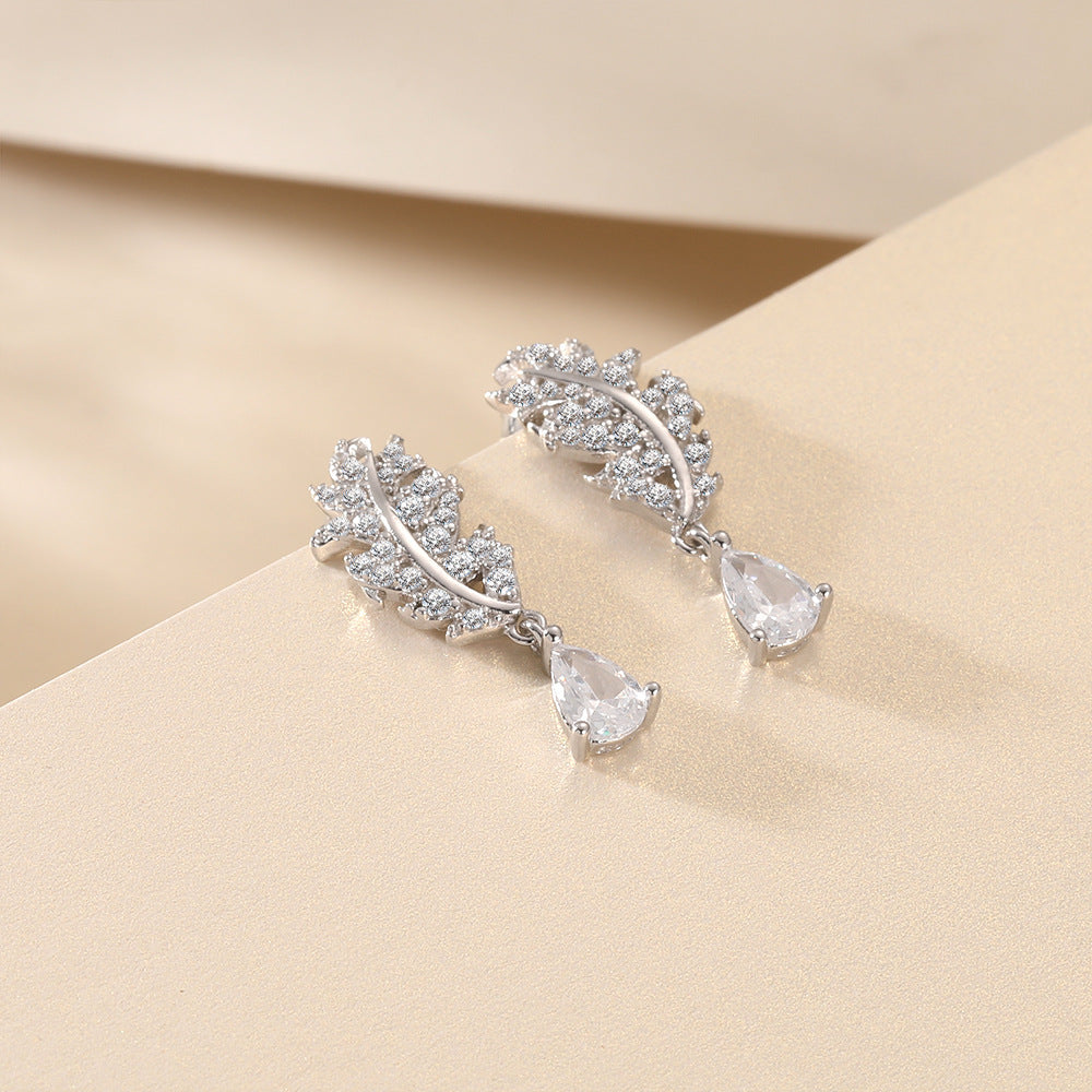 S925 Sterling Silver Leaf Earrings Water Drop Tassel Stud Earrings