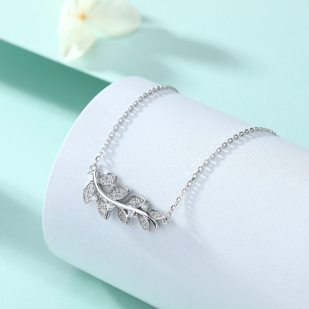 S925 Pure Silver Ear of Wheat and Flower Clavicle Chain Necklace with Leaf and Tulip Pendant