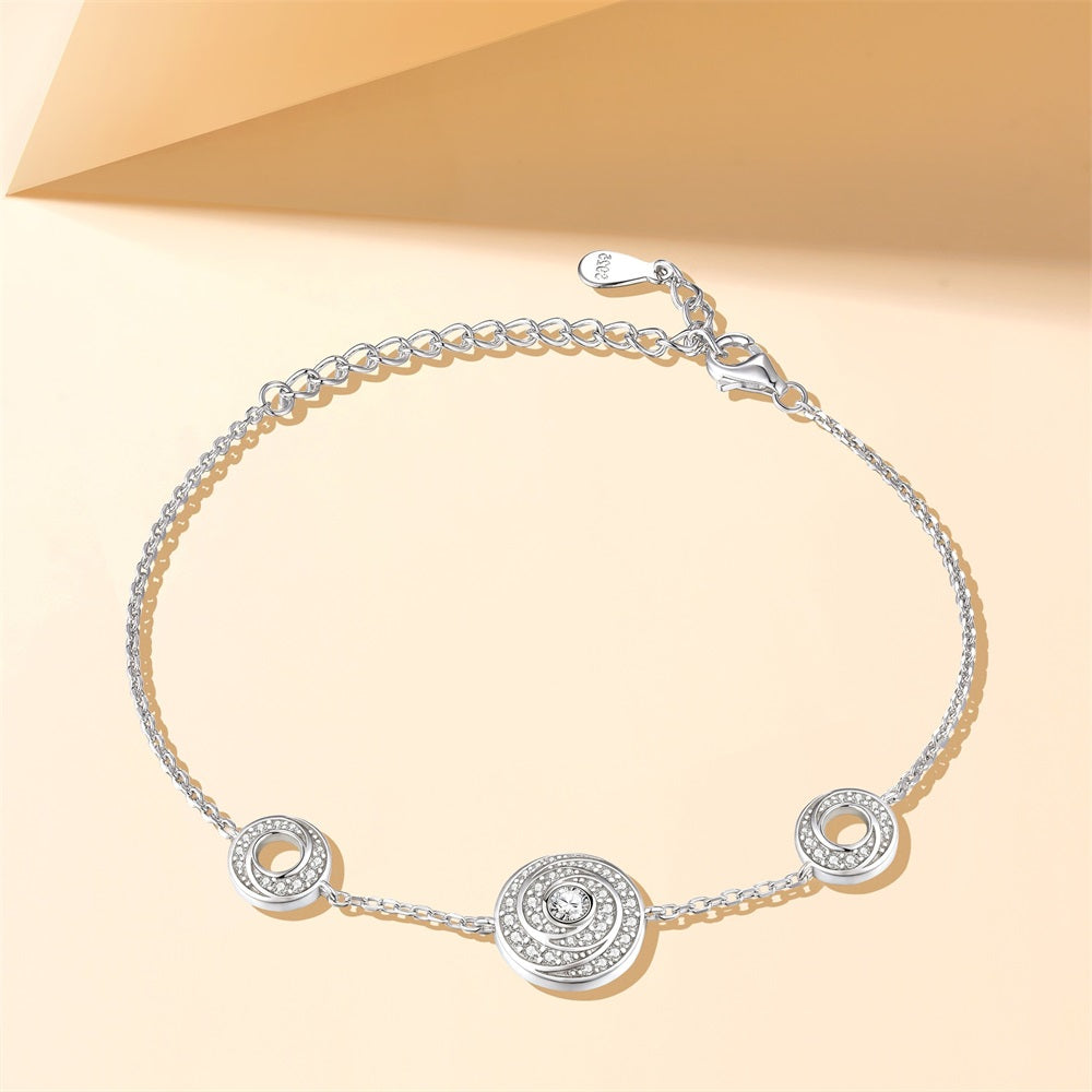 S925 Sterling Silver Time Diamond Disc Circle Chain Bracelet