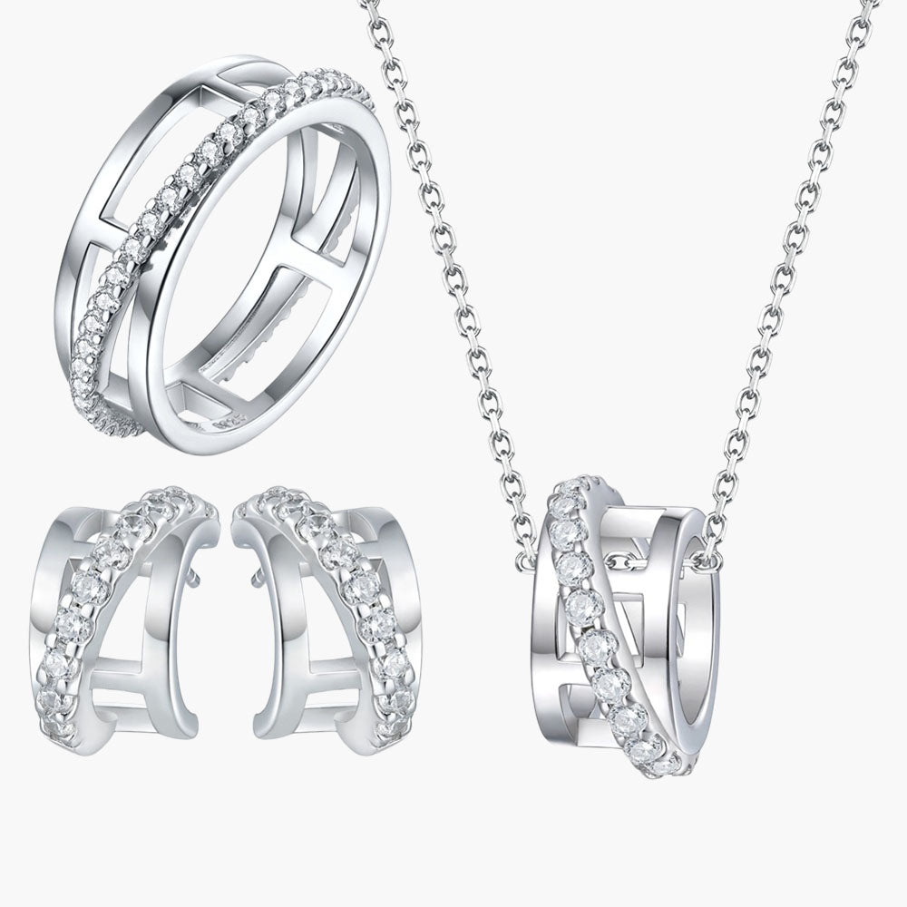 S925 Silver Ring Pendant Necklace Three-Ring Ring Earrings Jewelry Set Three-Piece Set