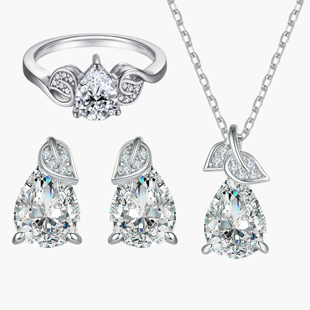 925 Silver Water Drop Pendant Necklace Ring Pear-shaped Earrings Jewelry Set Three-Piece Set